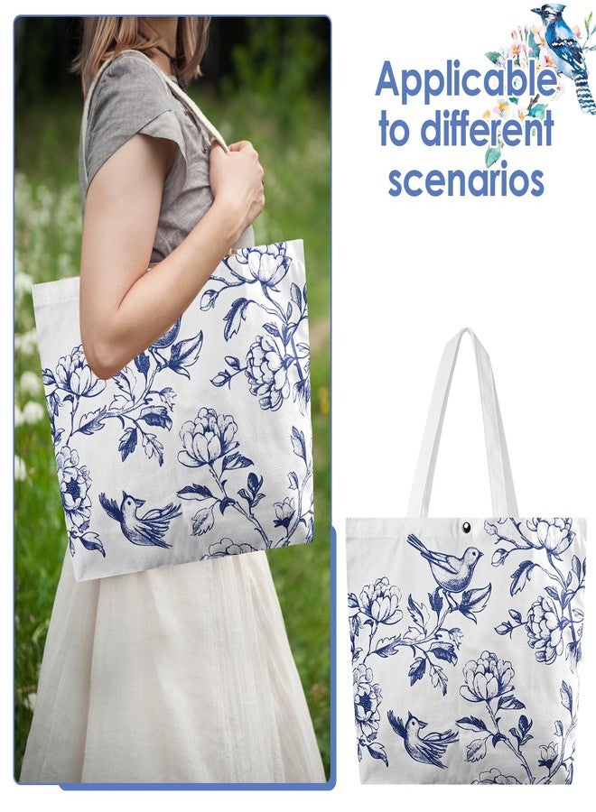 Kuabiz 6 Pcs Floral Canvas Tote Bags Bulk for Women Chinoiserie Tote Bag Aesthetic Reusable Grocery Bags for Travel Shopping (Chinoiserie) - Image 5